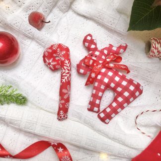 Tekstylne ozdoby choinkowe do ocieplenia wnętrza reniferek i laska cukrowa